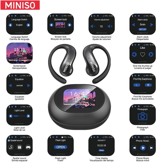 Black wireless earbuds with a control panel and Miniso branding on a white background.