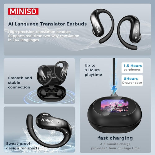 AI Language Translator Earbuds with LCD Screen – Real-Time 144-Language Translation for Travel & Business